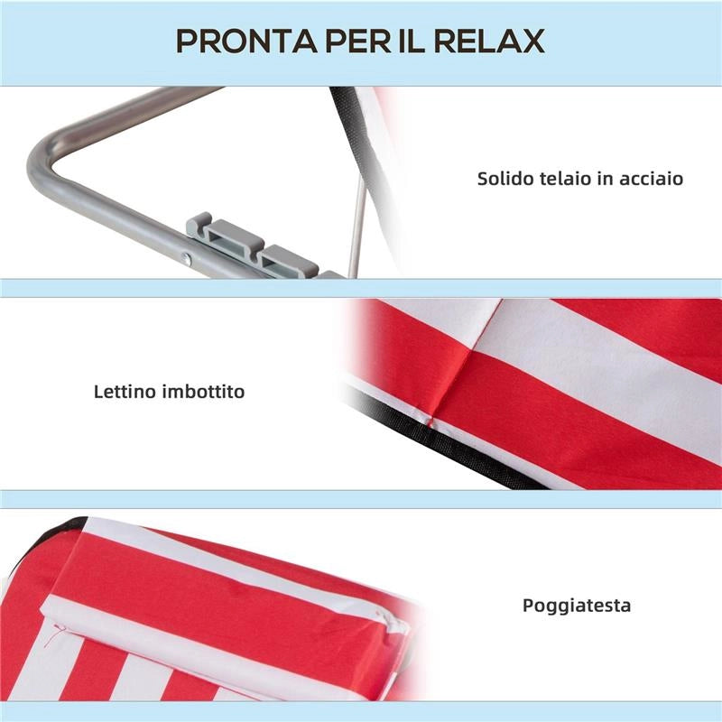 SET 2 LETTINI SPIAGGIA PIEGHEVOLI CON SCHIENALE REGOLABILE A 5 LIVELLI E BORSA ROSSO
