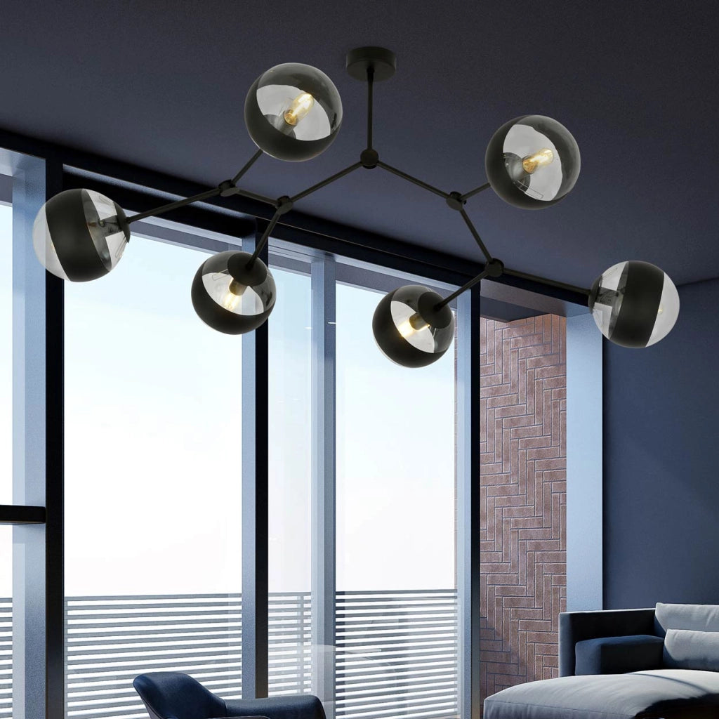 Lampadario Emibig Space 6 luci E14 nero vetro trasparente