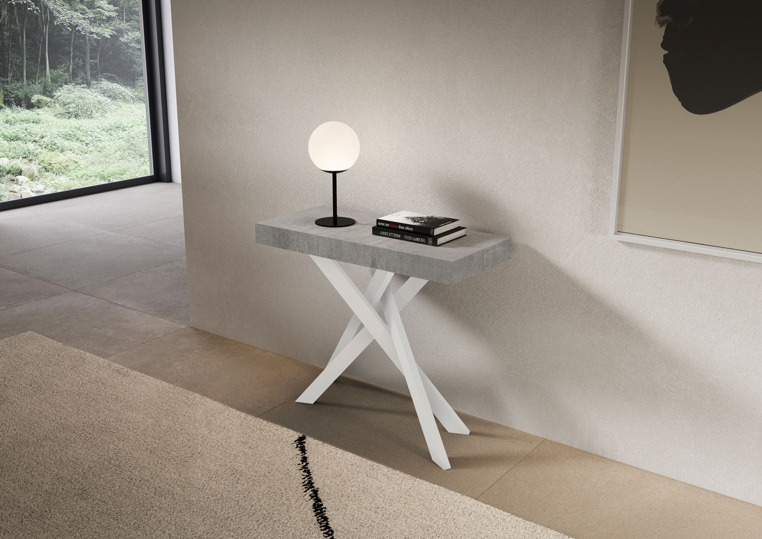 Consolle Allungabile 90-300x40x77 cm Saki Premium Cemento Gambe Bianche