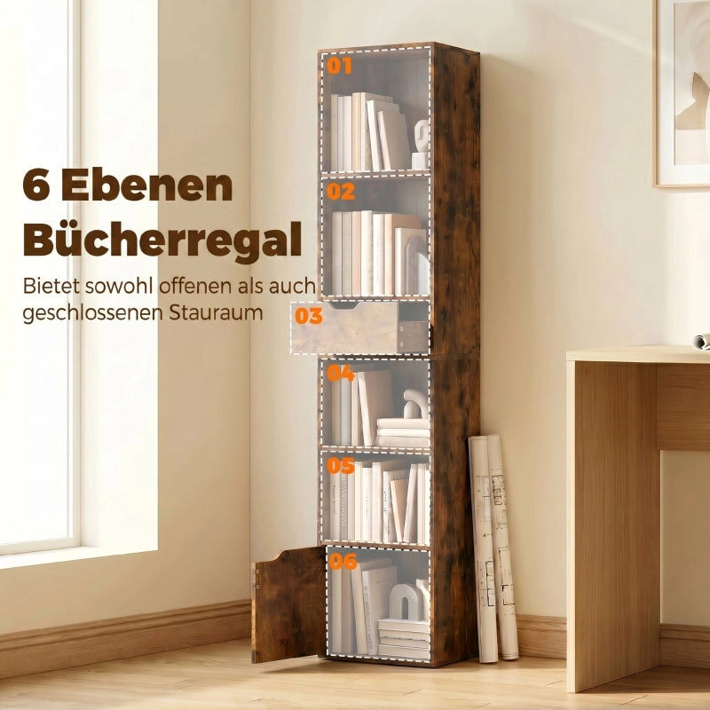 LIBRERIA A 4 SCOMPARTI CON CASSETTO E SPORTELLO 30x24 cm LEGNO MARRONE RUSTICO