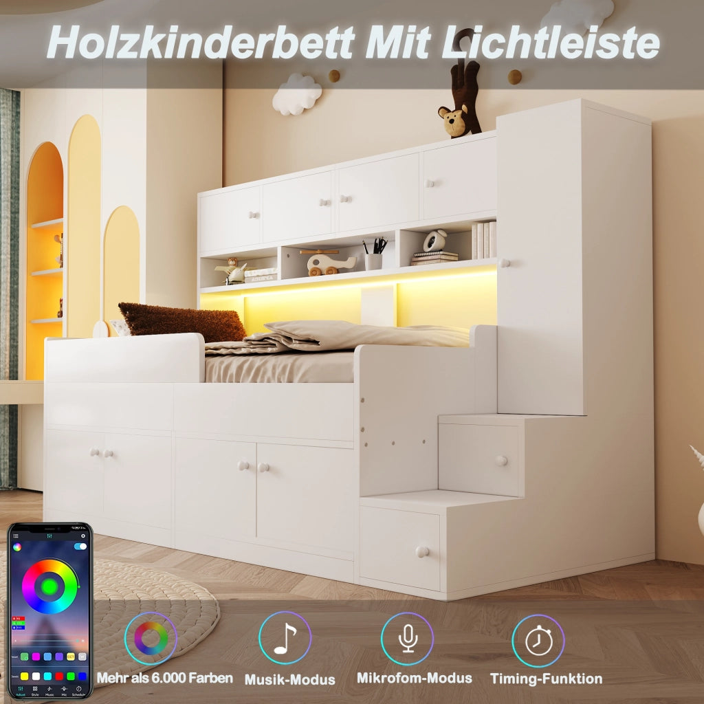 Letto a soppalco 90 × 200 cm con scala contenitore armadio LED e barriera in legno bianco