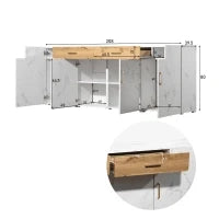 Credenza Moderna in Marmo e Rovere, 4 Ante e 2 Cassetti, per Soggiorno e Cucina, 208x39.5x80 cm, Bianco