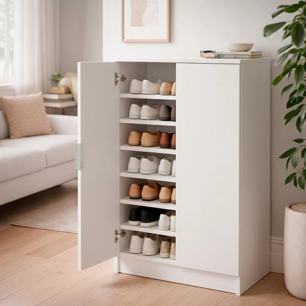 Mobile Porta Scarpe Armadio Multiuso Con 2 Ante E 6 Ripiani Estraibili Scarpiera Salvaspazio Design Moderno Minimal Per Ingresso Corridoio Camera Ripostiglio 108 X 55 X 39.6 Cm Bianco