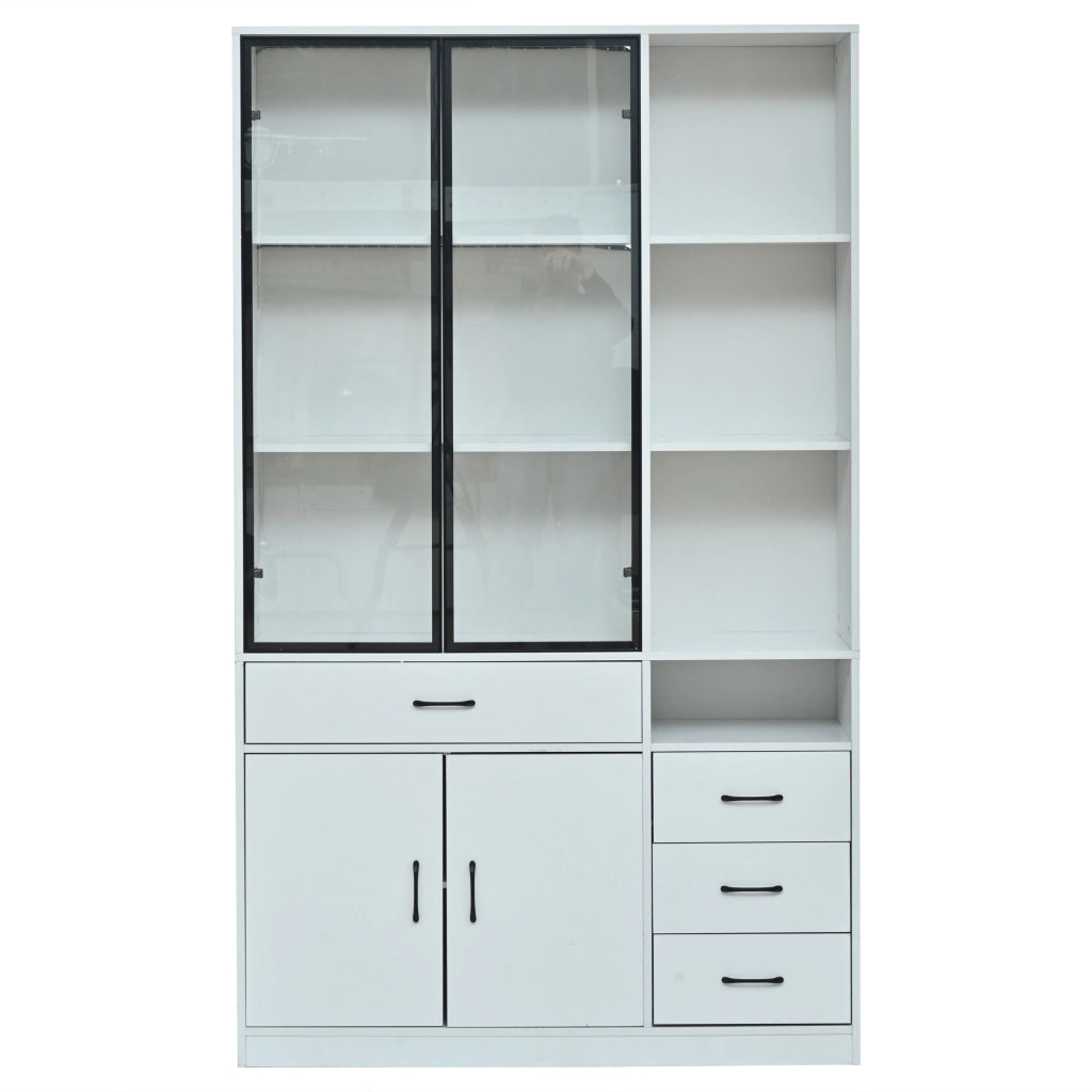 Libreria vetrina con 2 porte in vetro; 4 cassetti; 13 spazi di contenimento; LED; per soggiorno; 120 × 35 × 200 cm
