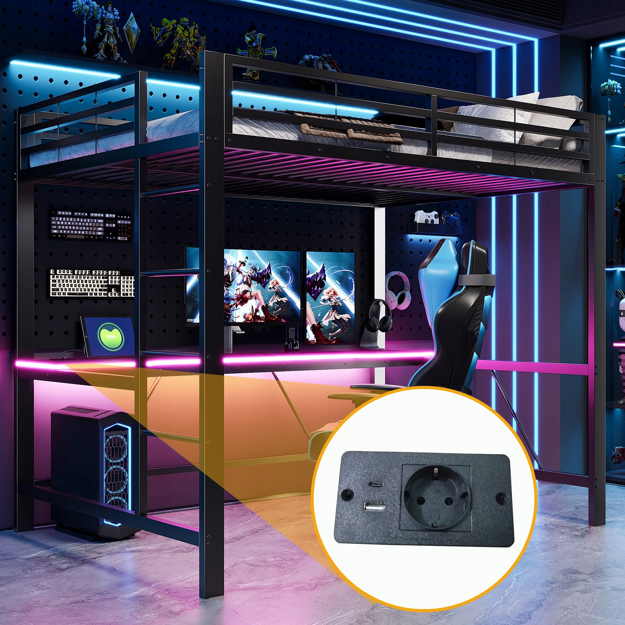 Letto da gaming in metallo - Xylo - 140x200 - Nero - LED USB