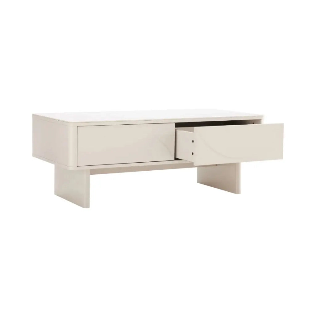 Tavolino chic MIYA 120 cm – Piano in ceramica effetto marmo bianco e 2 cassetti