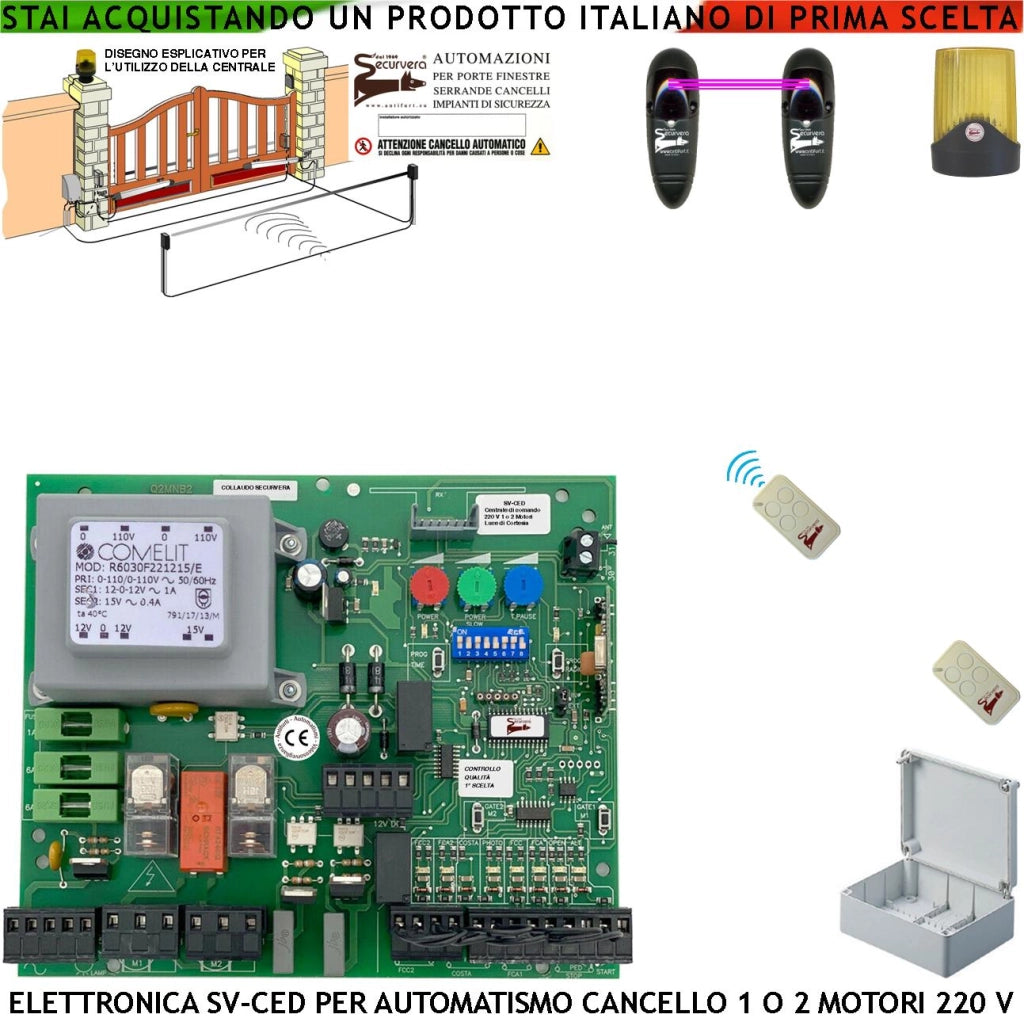 QUADRO CANCELLO ELETTRICO 2 ANTE 220 V 2 RADIOCOMANDI FOTOCELLULA TEMPI FORZA FUNZIONI REGOLABILI FINE CORSA APRI E CHIUDI SIMILE SERAI VDS