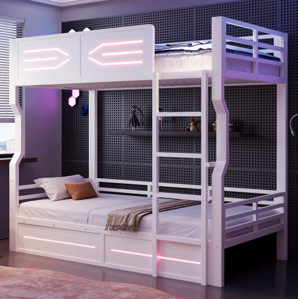 Letto a castello con scala dritta e LED 90x200 cm in MDF e metallo; bianco