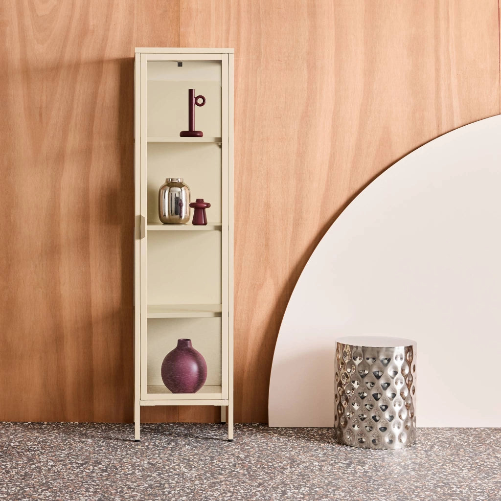 Vetrina in acciaio e vetro temperato con 1 anta, 160cm, beige