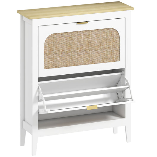 Scarpiera Slim Stile Boho con 2 Cassetti Ribaltabili per 14 Paia di Scarpe 80x24x95,5 cm Anta con Pannello in Rattan