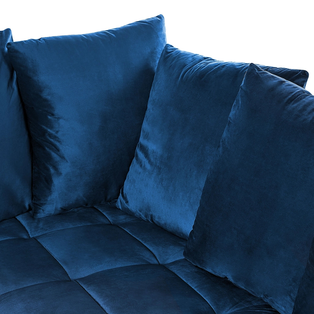 Divano ad angolo cuscini in tessuto di velluto blu navy gambe in metallo con finitura in legno