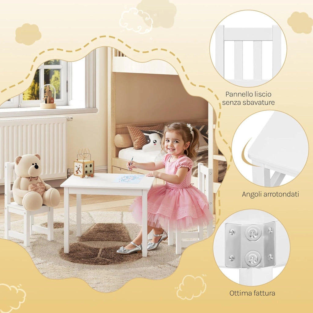 Set da Tavolino e Sedie per Bambini, Tavolo Bambini con 2 Sedie, per Cameretta e Asilo, 60x50x48,5 cm, Bianco