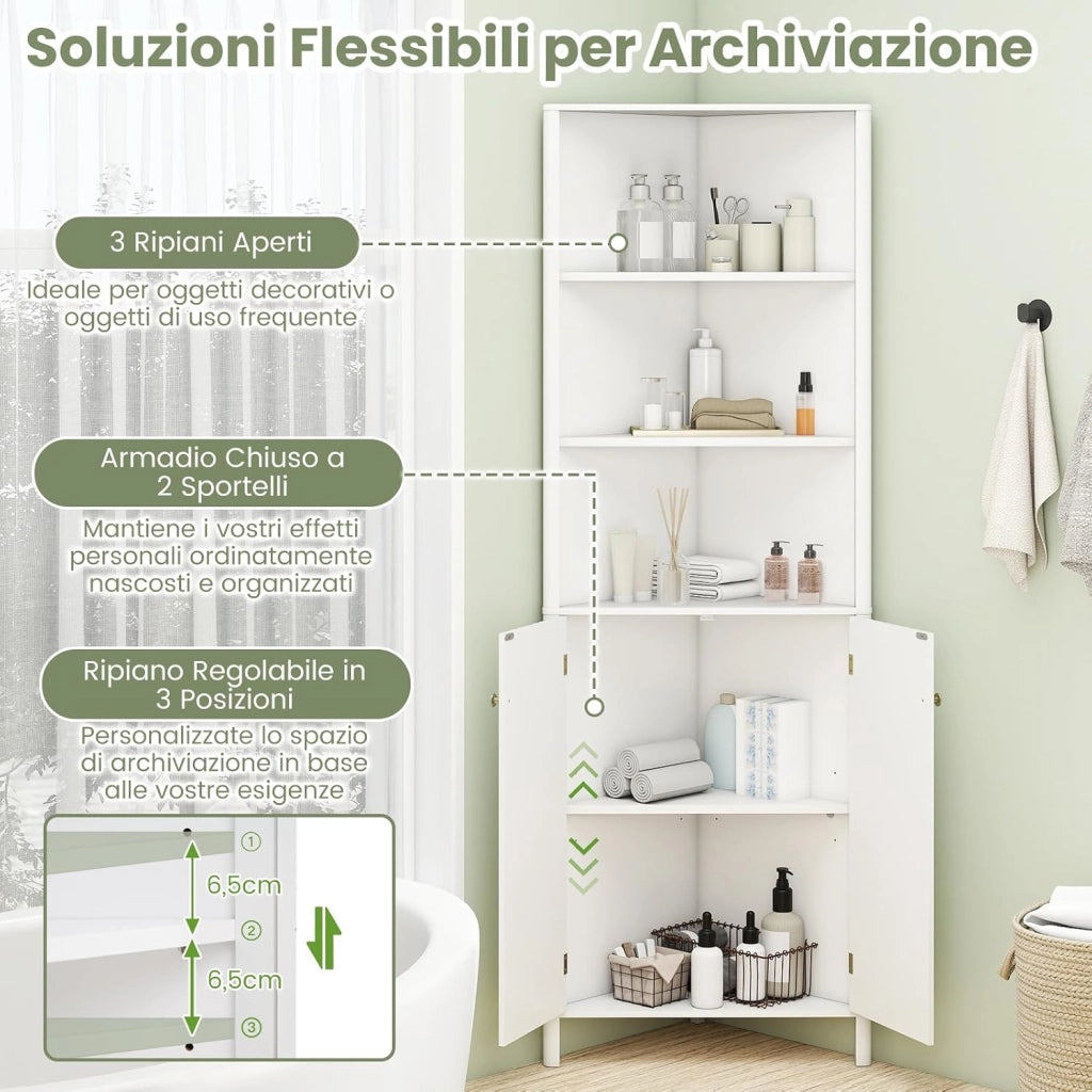 Mobile da Bagno Alto, Mobiletto d’Angolo a 5 Livelli con 2 Ante, 3 Scomparti Aperti e Ripiano Regolabile, per Soggiorno, Cucina e Lavanderia, 32 x 58 x 172,5 cm (Bianco)