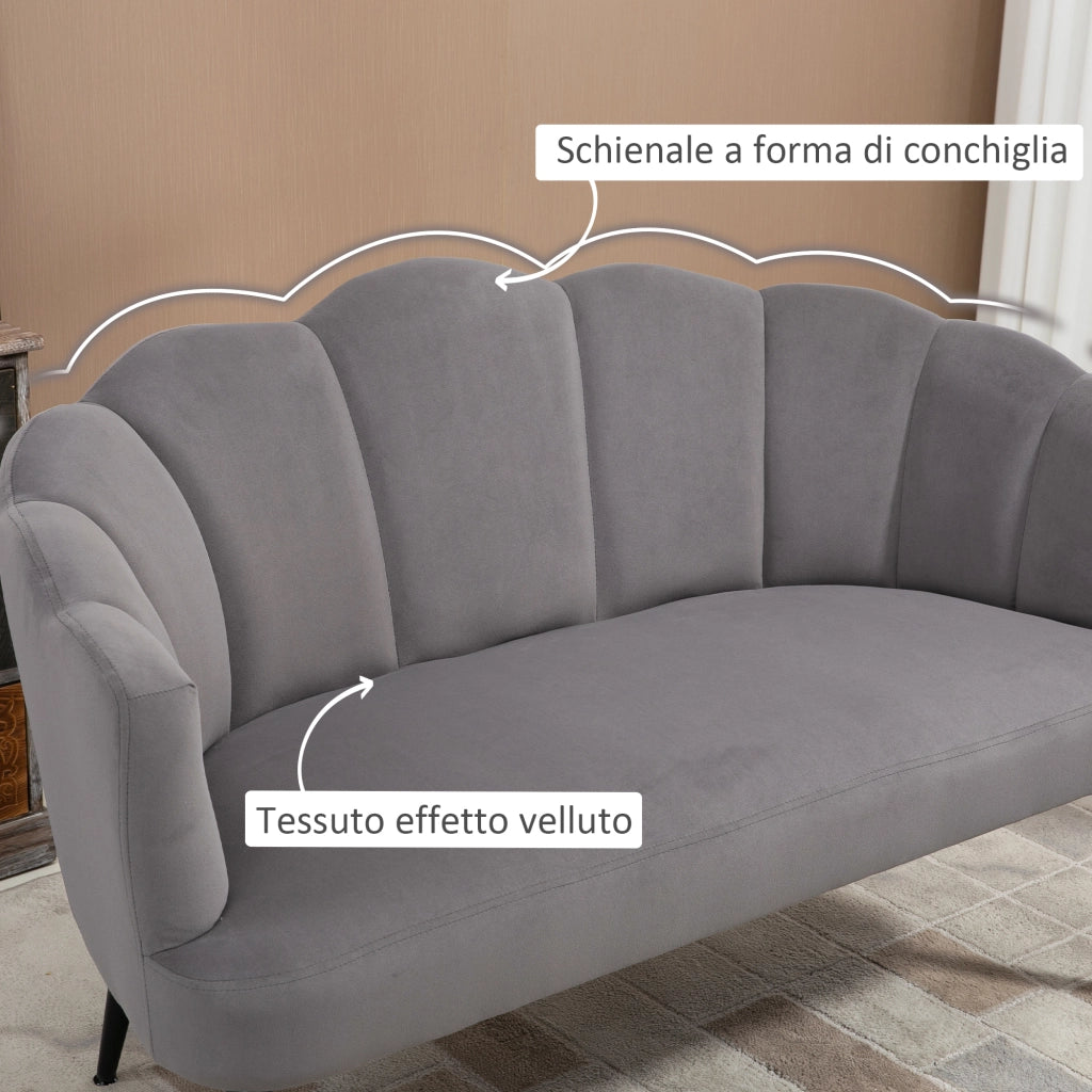 EasyComfort Divano 2 Posti in Velluto con Gambe in Metallo e Schienale a Conchiglia, 132x66x80cm, Grigio