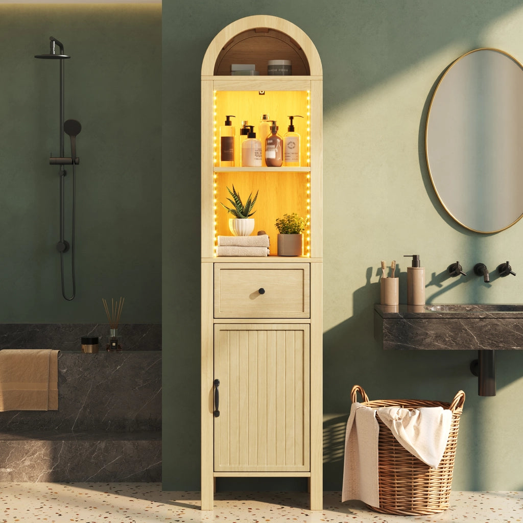 Mobile da bagno con 1 anta; cassetto e LED; per bagno; in MDF; 40x30x163 cm; naturale