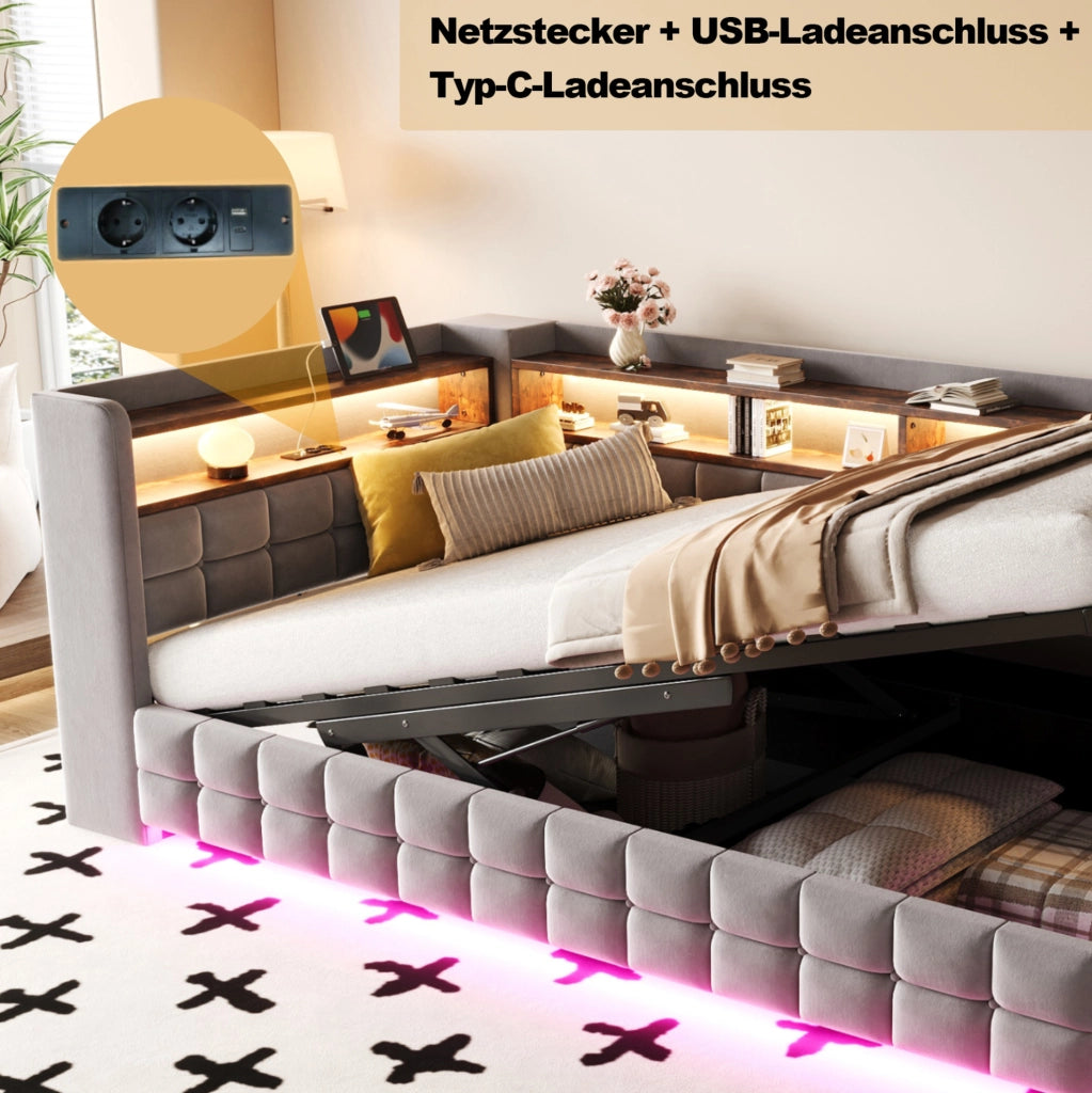 Divano letto imbottito 90x200 cm con contenitore idraulico; LED; USB e Type-C; grigio chiaro