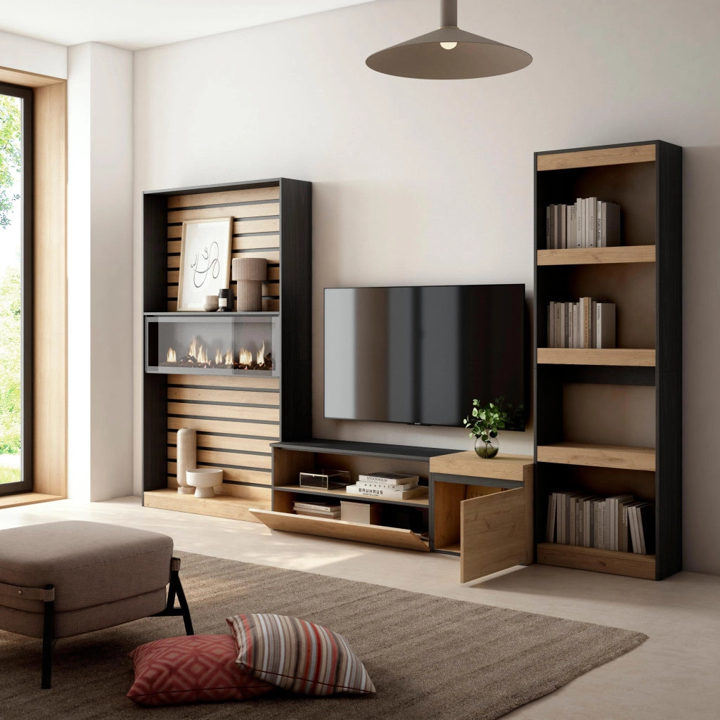 Mobile TV, Soggiorno, 320x35x186cm, Camino elettrico, colore Rovere e nero RF2597