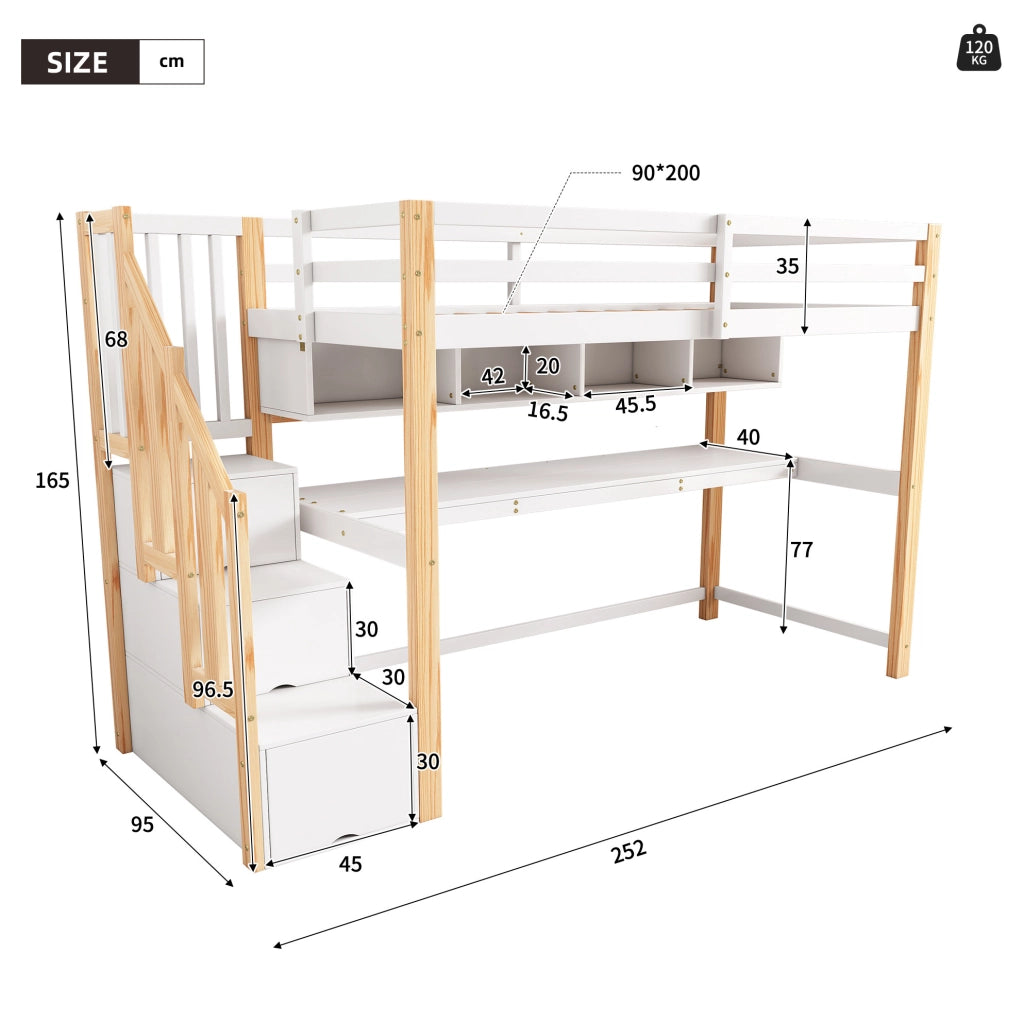 Letto a soppalco per bambini 90x200 cm con scrivania integrata e scala contenitore; bianco e rovere