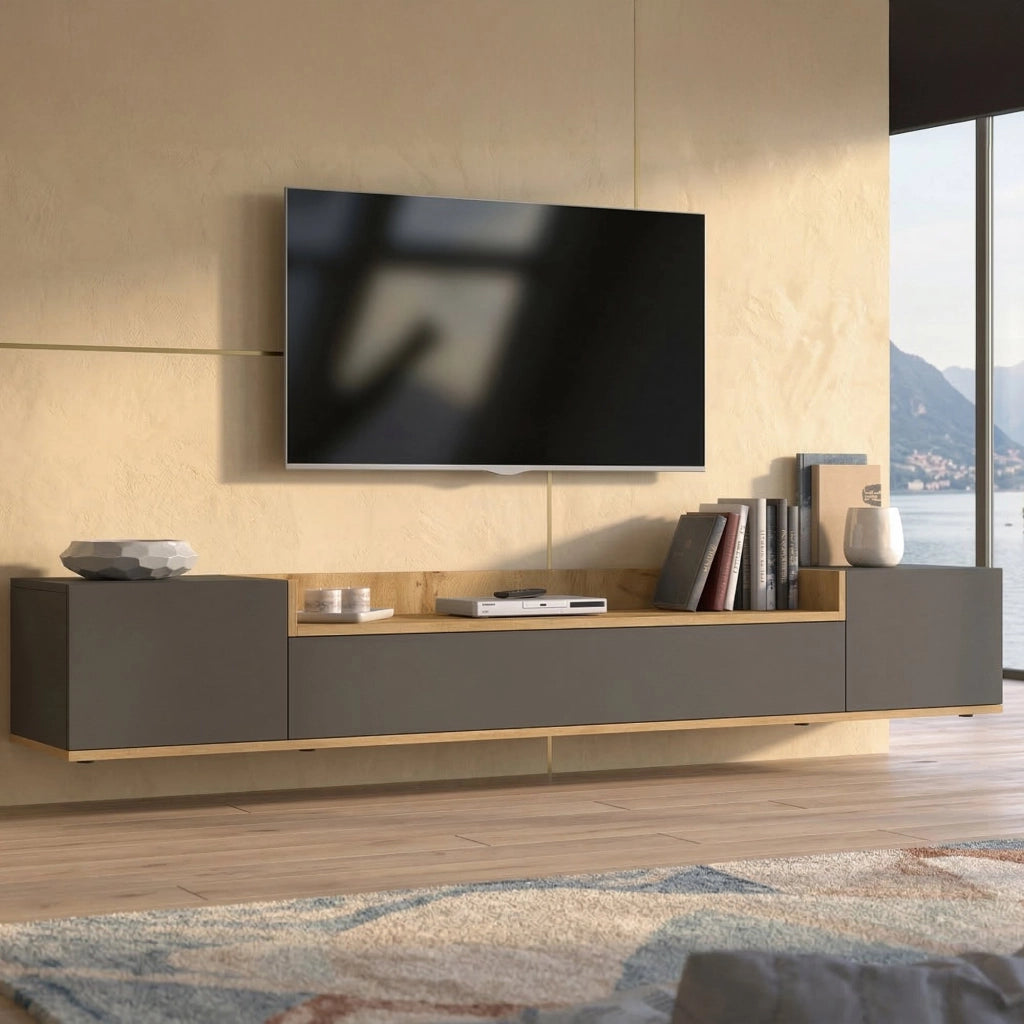 Oxanna, Mobile Porta tv 3 Ripiani Made in Italy, 200x35x30h cm Nero Antracite