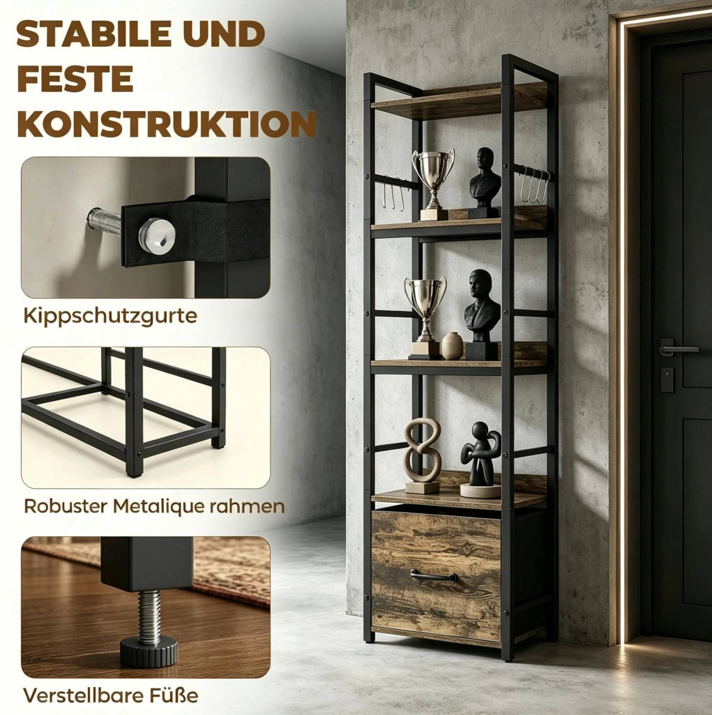 Libreria 4 livelli 39x26x136，5 cm legno e metallo marrone con cassetto