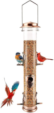 Vogelvoederbak metallico a forma di tubo per esterno, appeso per uccelli selvatici, 6 presidi elettrici, vogelvoederbak appeso, attira uccelli nel giardino, balcone - finitura antico rame - 1 confezione