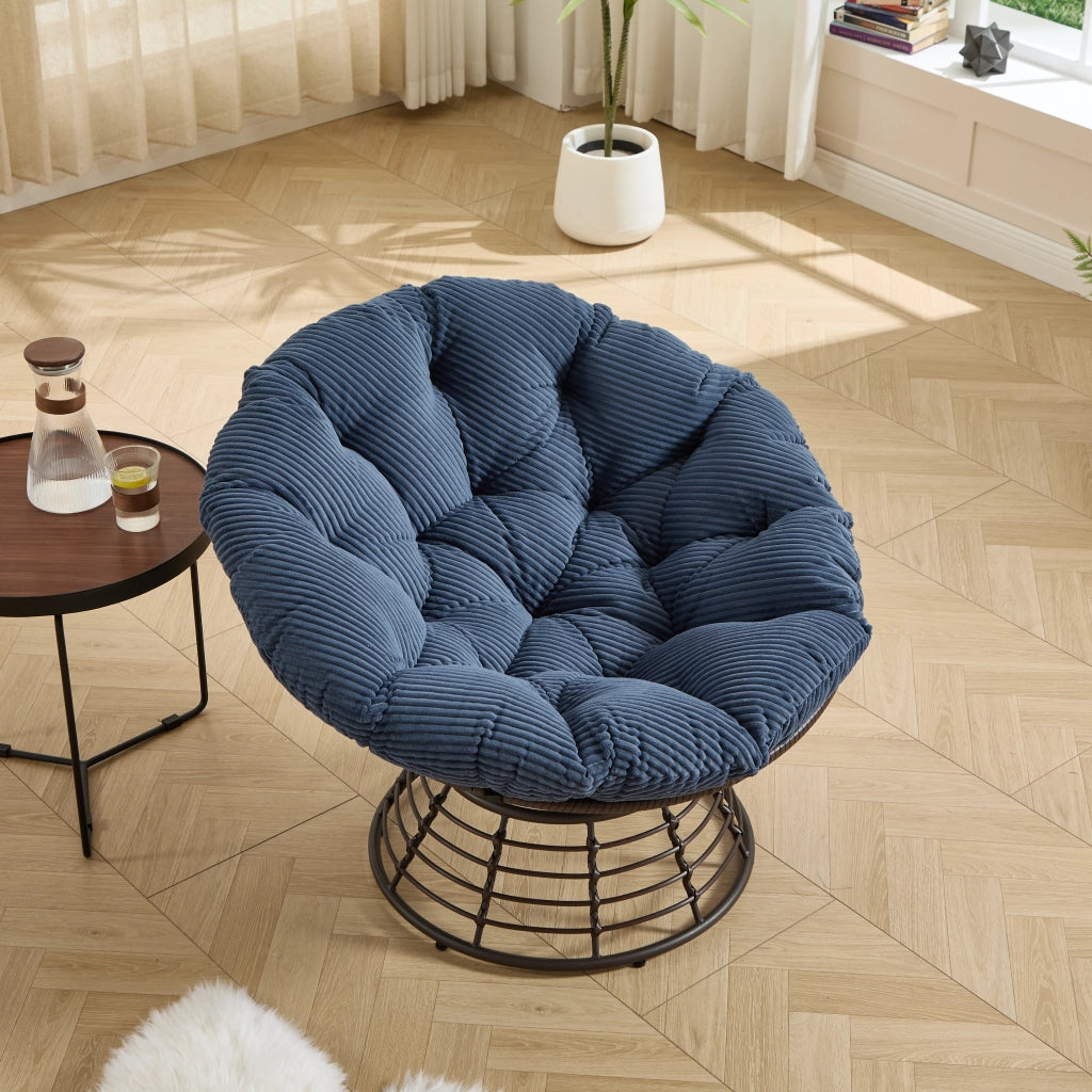POLTRONA Papasan girevole 92x67 cm acciaio e rattan PE marrone con cuscino blu navy