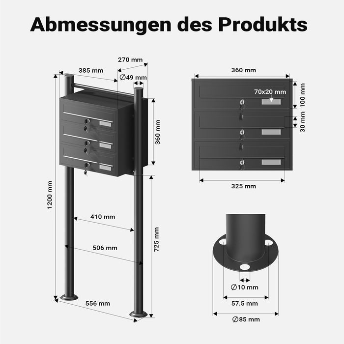 Cassetta postale condominiale autoportante 3 posti, 1 modulo, nero 556 x 270 x 1500 mm