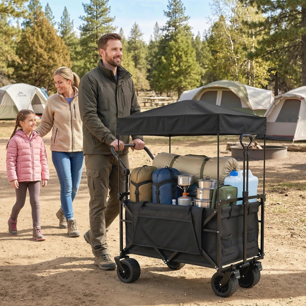Carrello da Giardino Pieghevole con Ruote Bloccabili ¨C zephmum ¨C Nero 125x59x133 cm