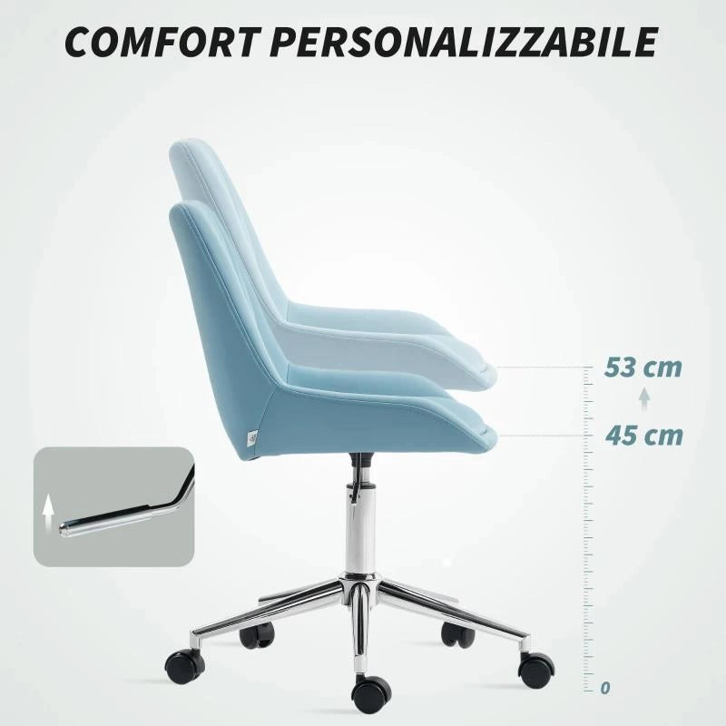SEDIA PER SCRIVANIA AD ALTEZZA REGOLABILE CON 5 ROTELLE, IN SILICONE PU, SCHIUMA E ACCIAIO, 52X58X80-90 CM, BLU
