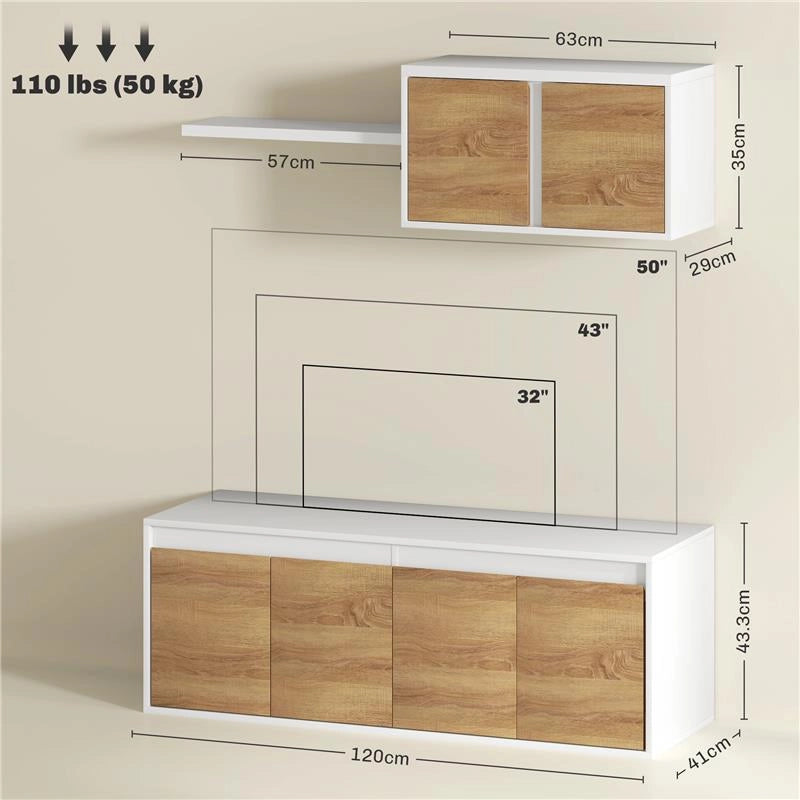SET MOBILE TV E ARMADIETTO A MURO CON 7 RIPIANI E SCAFFALE APERTO IN LEGNO 120X41X43.3 CM BIANCO E COLOR LEGNO
