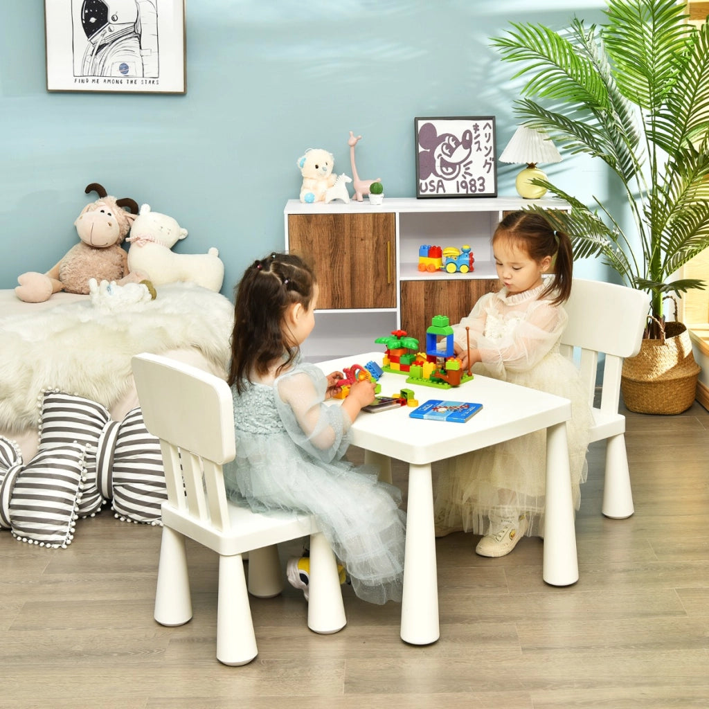 Set con tavolo e 2 sedie per bambini e libreria per bambini a 2 livelli, Set tavolo sedie bambini e libreria bimbi spaziosa