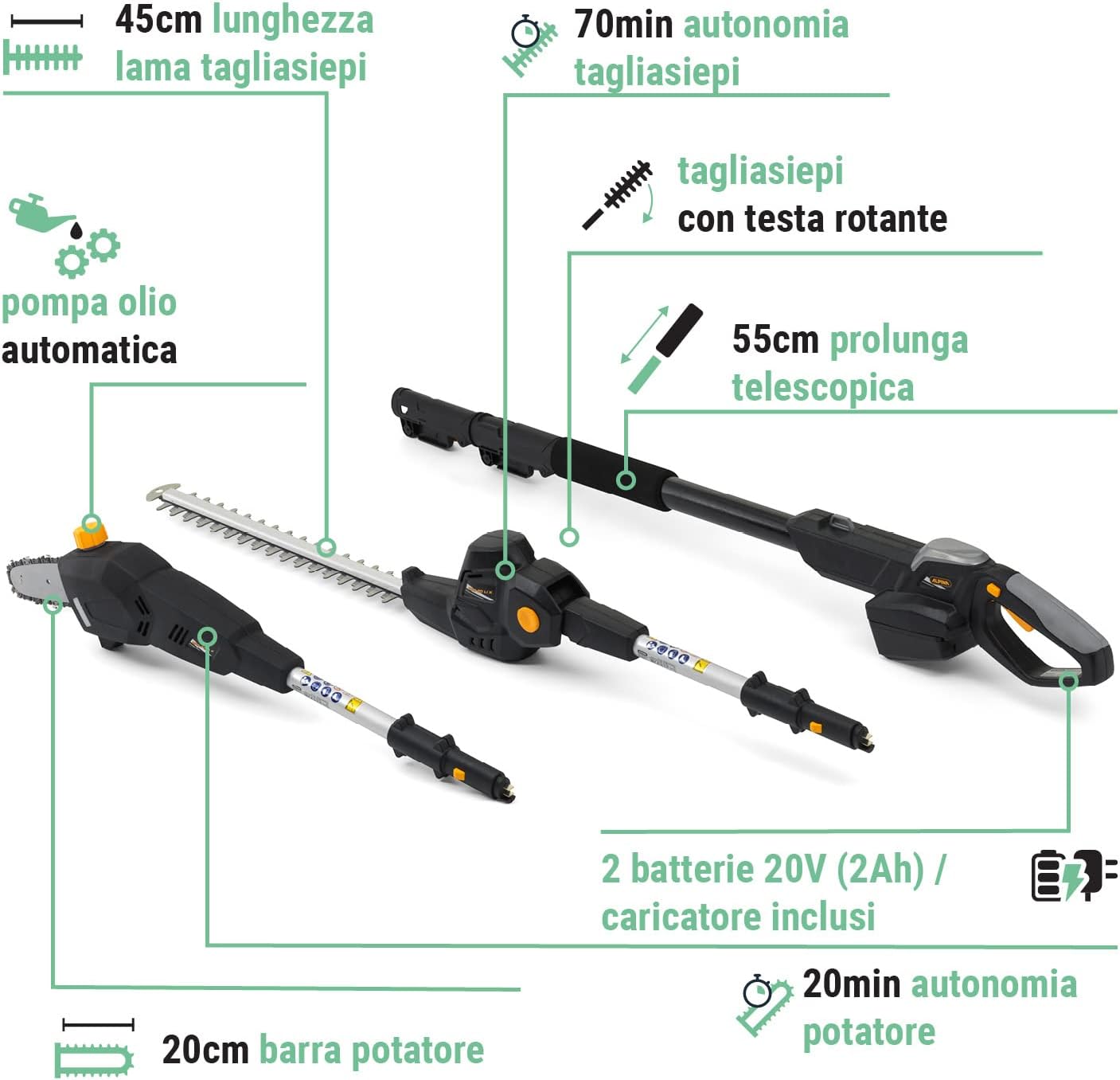 UTENSILE MULTIFUNZIONE ALPINA 20V AMT 20 LI KIT POTATORE TELESCOPICO TAGLIASIEPI-MOTOSEGA