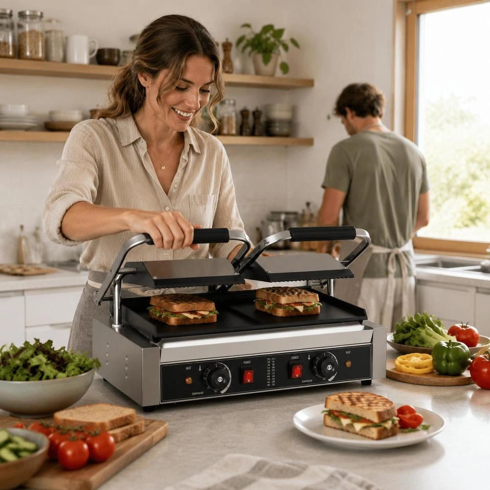 Commercial Panini Grill, Contact Grill, 3600 W For Sandwiches, Steak, Bacon, Hamburgers, Sandwich Maker, Stainless Steel Press Grill With Handle, Temperature Control, And 48 X 23 Cm Heating Plate.