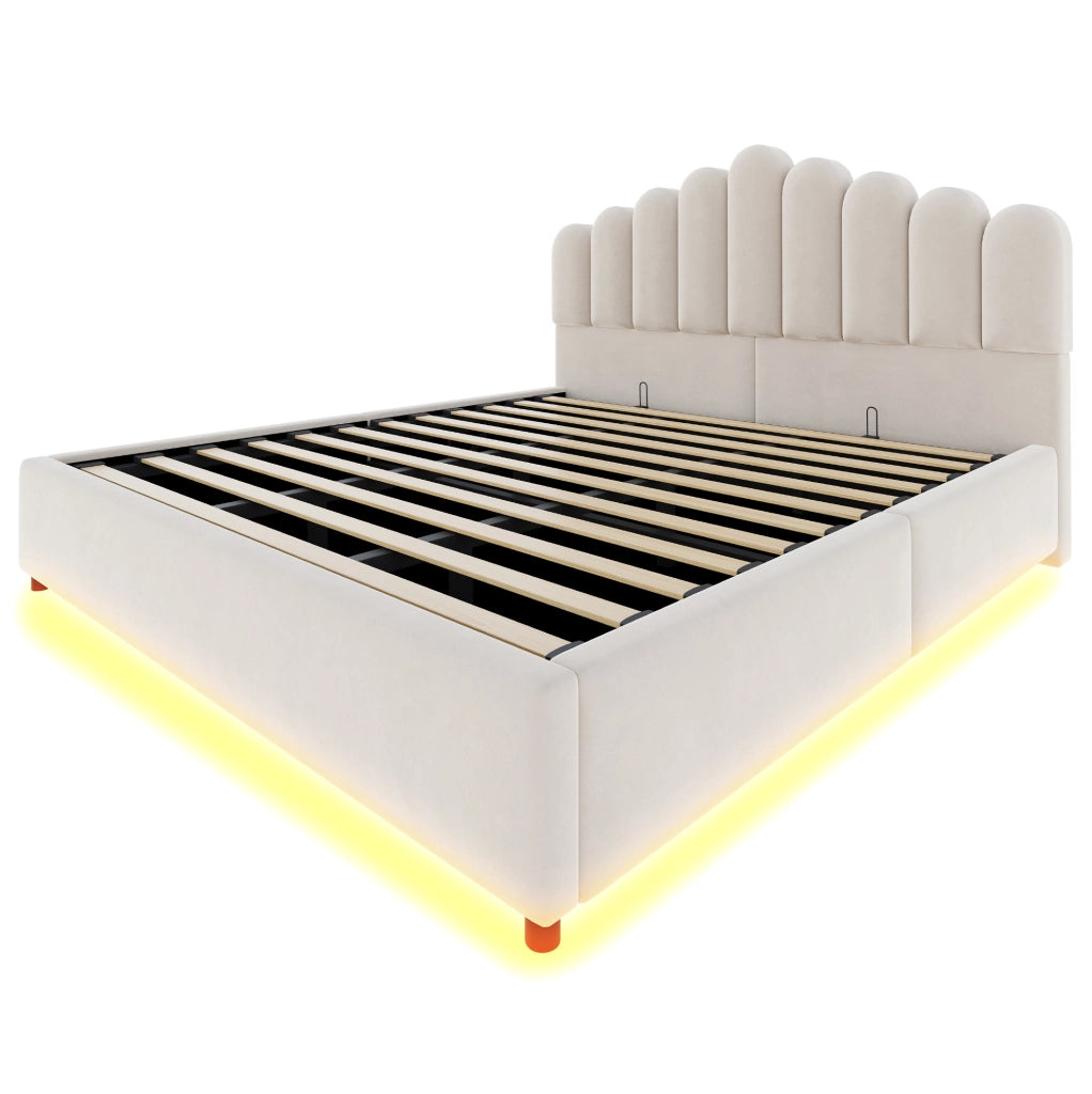 Letto imbottito 180x200 cm con contenitore idraulico; LED; velluto beige