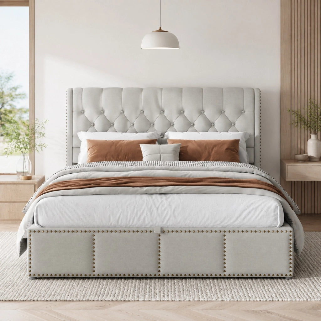 Letto imbottito in lino grigio 140 x 200 cm con contenitore e rete a doghe, stile minimalista europeo