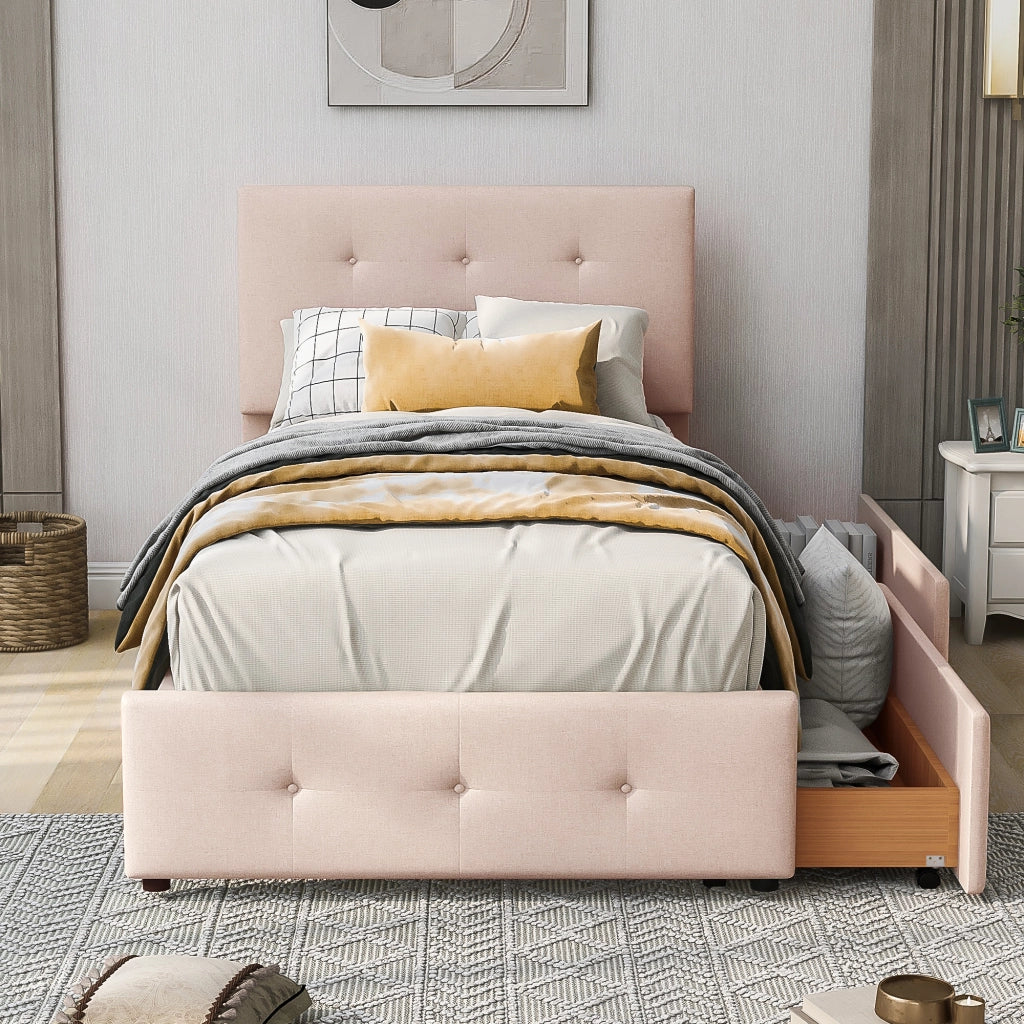 Letto imbottito in velluto con 2 cassetti, 90x200 cm, beige scuro