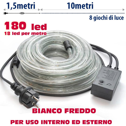 Tubo Luminoso Natalizio 10 Metri LED Bianco Freddo con Controller 8 Funzioni