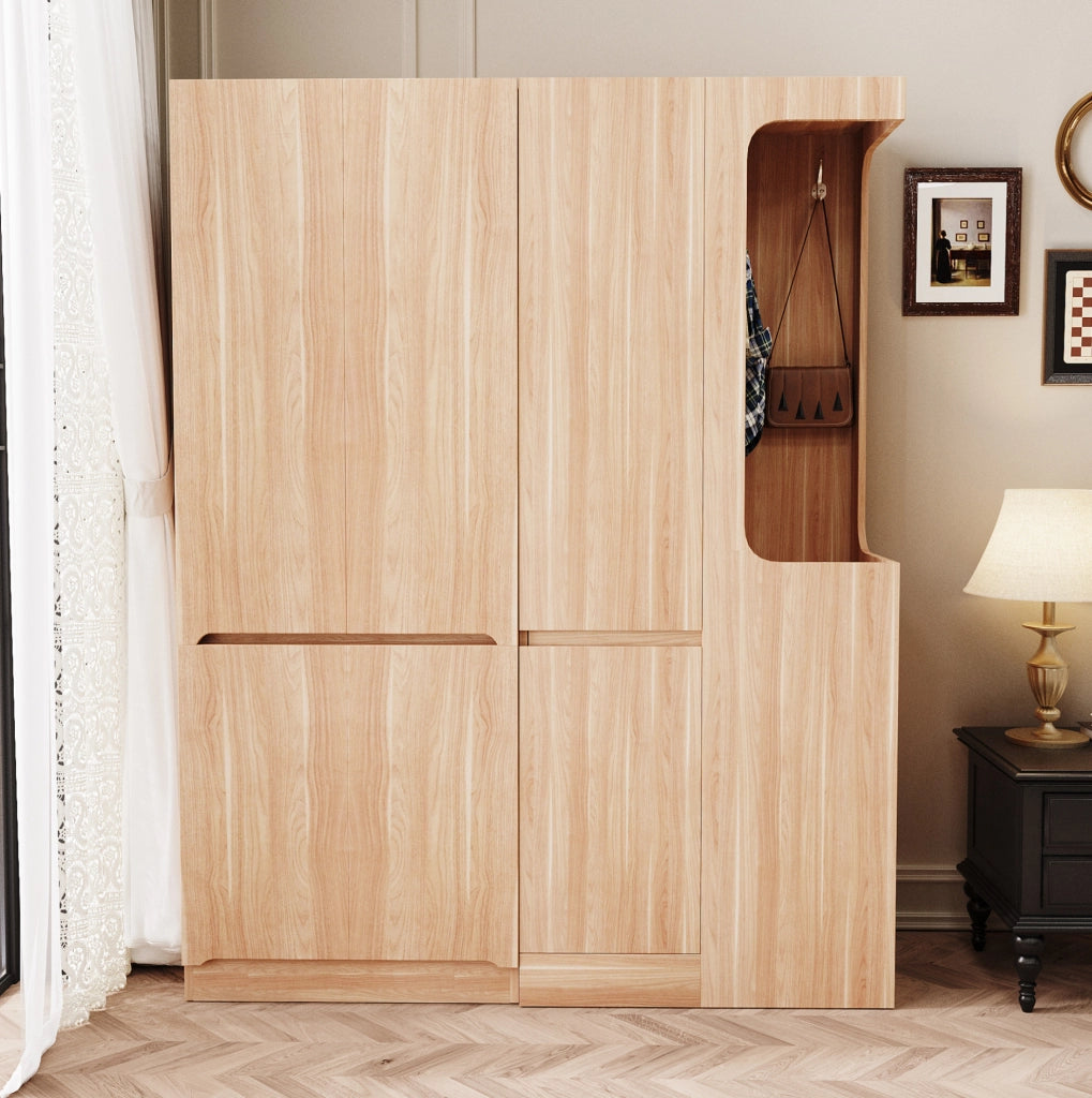 Armadio guardaroba 140 x 40 x 170 cm in legno naturale; con cassetti e vani contenitore