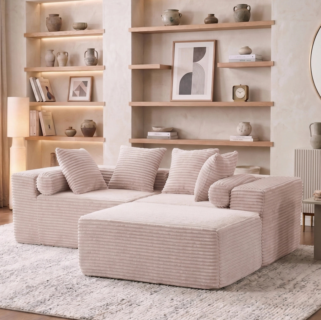 Divano modulare angolare con chaise longue; assemblaggio senza attrezzi; beige