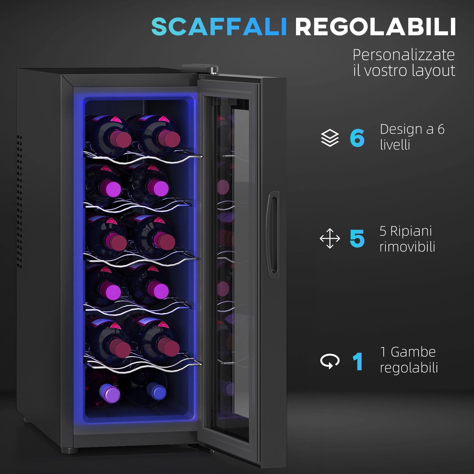 Cantinetta Vino Refrigerata per 12 Bottiglie Doppio Controllo Temperatura Ripiani Regolabili e Luci Nero