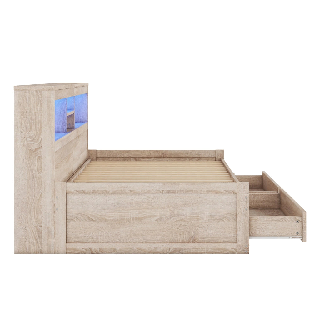 Letto daybed 90x200 cm con LED; 2 USB; 2 prese e 2 cassetti; naturale