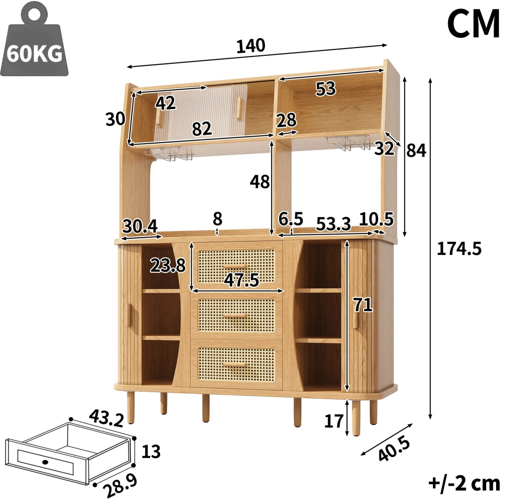 Credenza alta con ante scorrevoli in vetro e 3 cassetti
