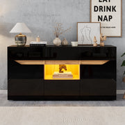 Credenza soggiorno con LED 140x40x70 cm; 4 cassetti e 2 ante in truciolare nero