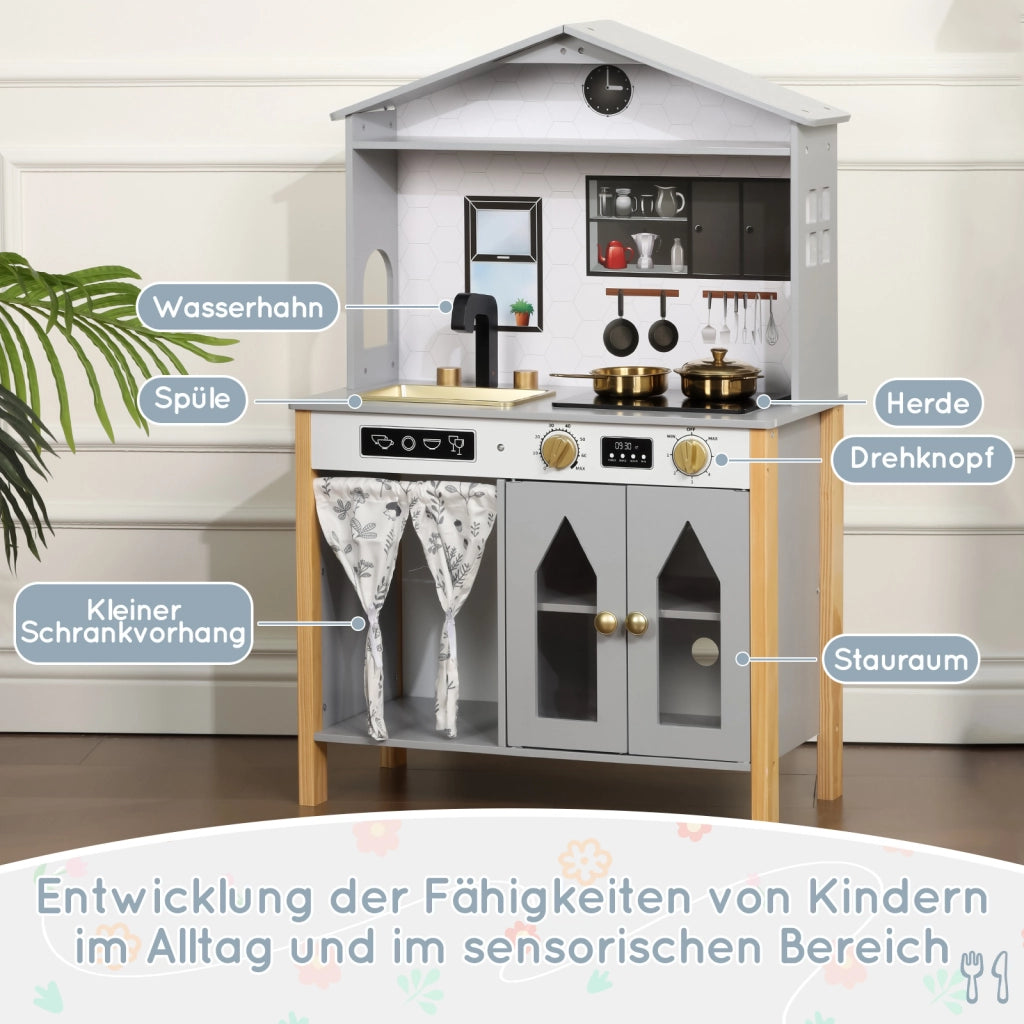 Cucina giocattolo per bambini con rubinetto, fornello, lavello, armadietto e spazio in MDF grigio 28.5 × 60 × 92 cm