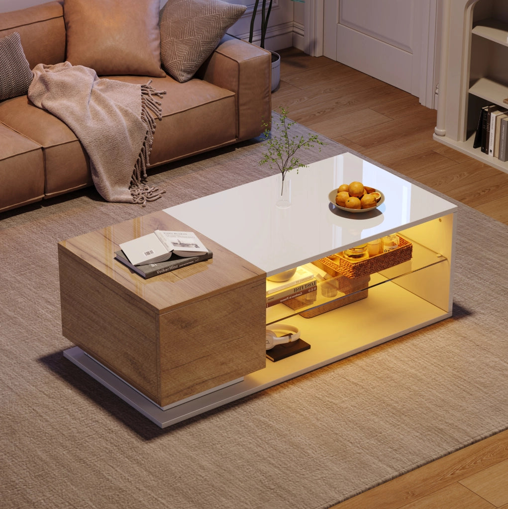 Tavolino da salotto LED con vano contenitore 105x50x36 cm in truciolare e vetro temperato; bianco e rovere