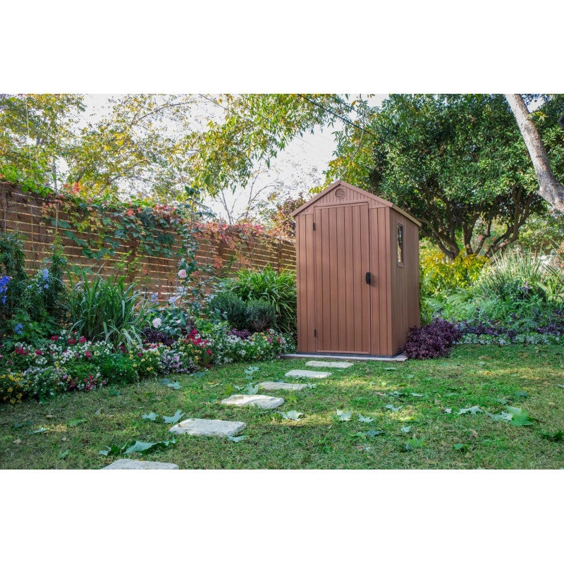 Casetta da giardino in resina EVOTECH+ effetto legno 125,8x184,5x205,1 cm - con pavimento rialzato e finestra laterale - Marrone – Keter