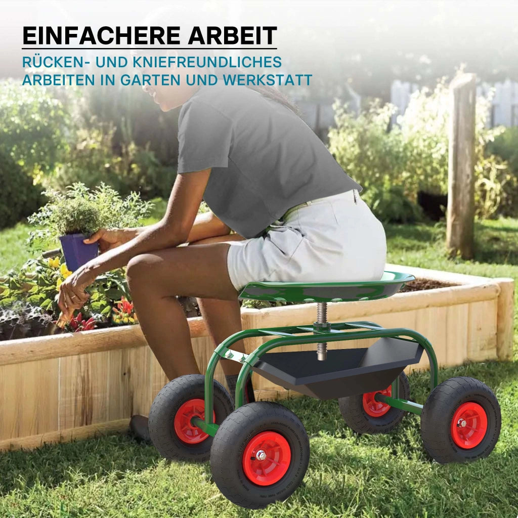 Sgabello da giardinaggio e officina con ruote e porta oggetti , sgabello a carrello, portata 150 kg