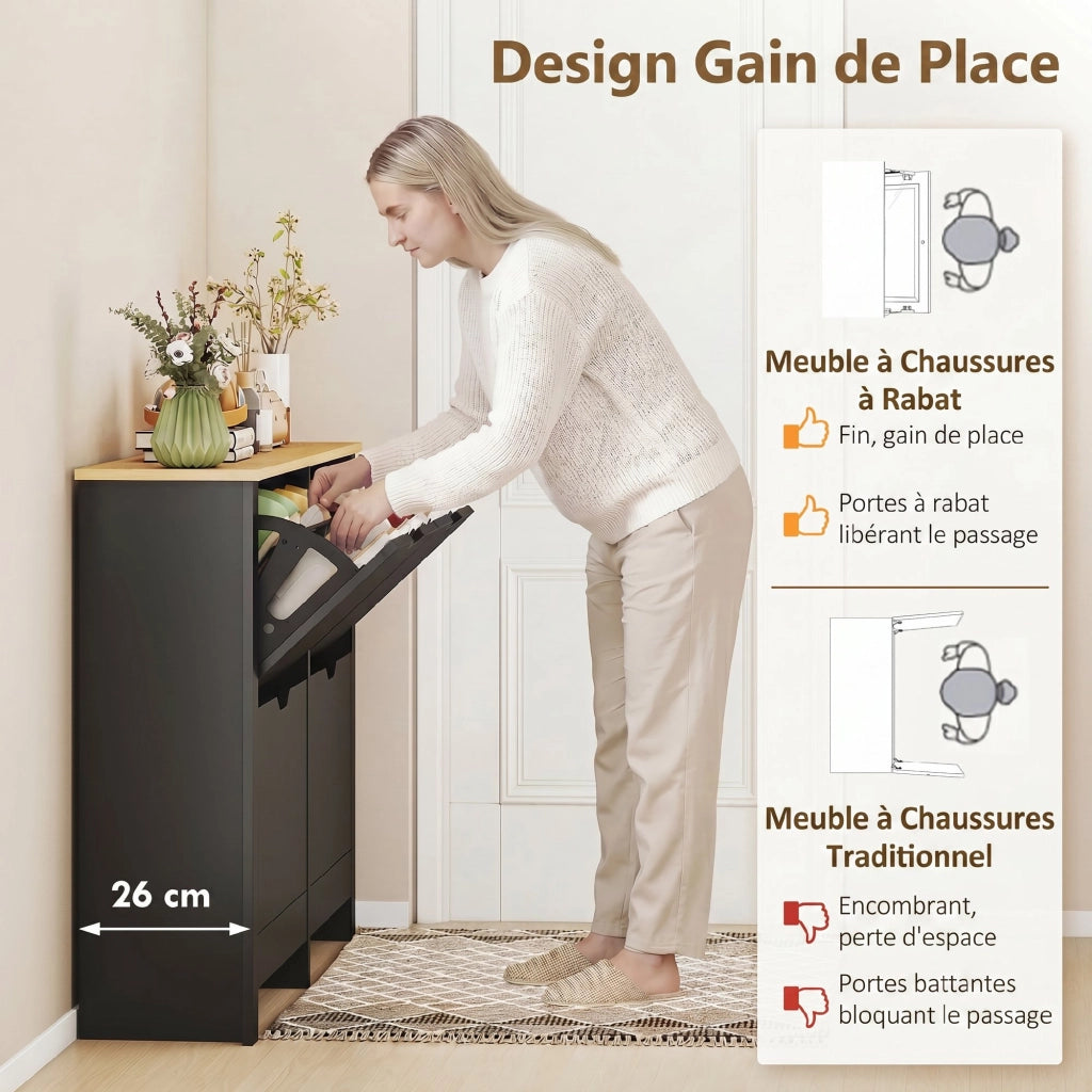 Scarpiera con cassetti e ripiani regolabili ¨C zephmum ¨C nero e legno naturale 60x30x100