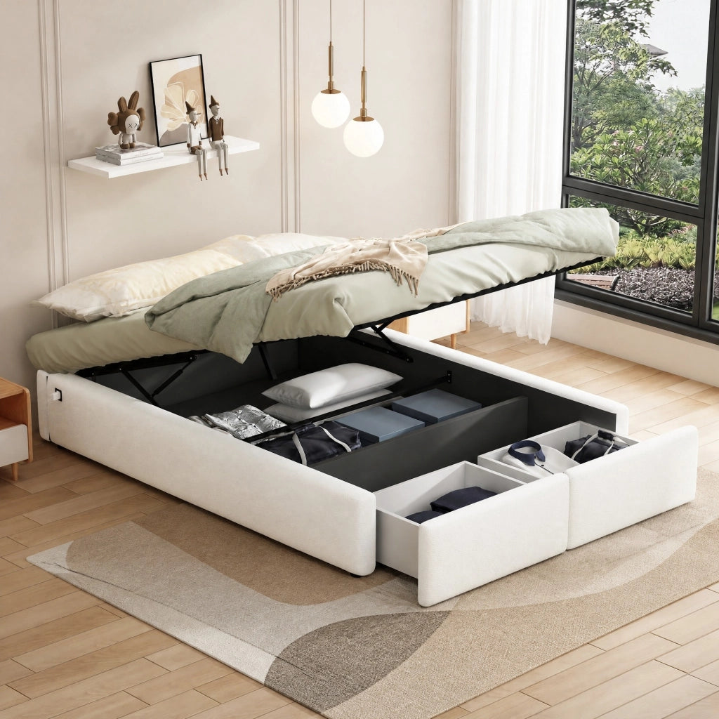 Letto imbottito 140x200 cm senza testiera con contenitore idraulico; 2 cassetti; bianco