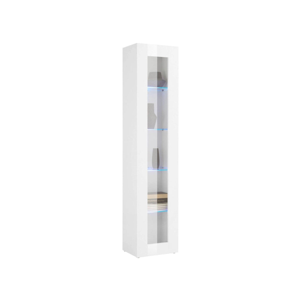 Vetrina a colonna con anta a Aristotele, Made in Italy, con luce LED blu, Credenza con ripiani, Vetrinetta da soggiorno, cm 40x30h180, colore Bianco lucido